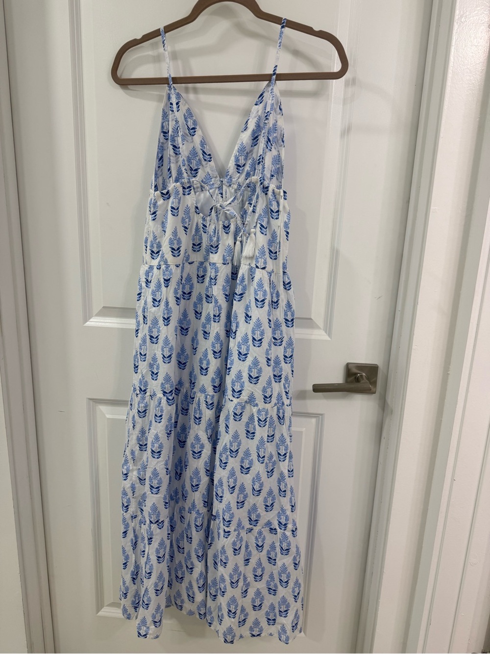 Spaghetti-Strap White Maxi Dress with Blue Floral Print - Picture 3 of 5